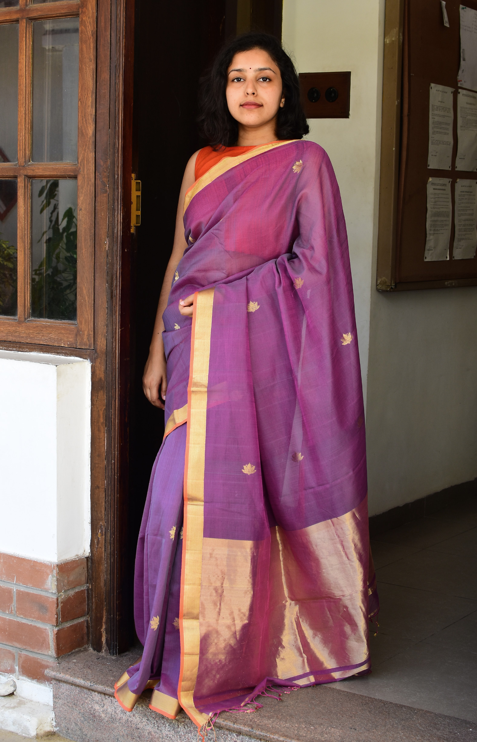Pinkish Purple, Handwoven Organic Cotton, Textured Weave , Jacquard, Festive Wear, JarI, Butta Saree